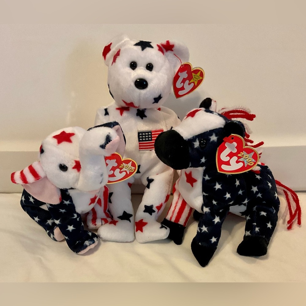 Ty Glory bear, Righty elephant & Lefty donkey red, white & blue 🇺🇸 beanie babies